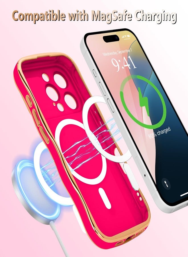 جراب LCHULLE لهاتف iPhone 16 Pro Max للنساء والفتيات [متوافق مع MagSafe]، بتصميم مموج لطيف، ونمط قلب مغناطيسي مع غطاء لعدسة الكاميرا، مطلي فاخر، مقاوم للصدمات، لون وردي فاقع. - Image 4