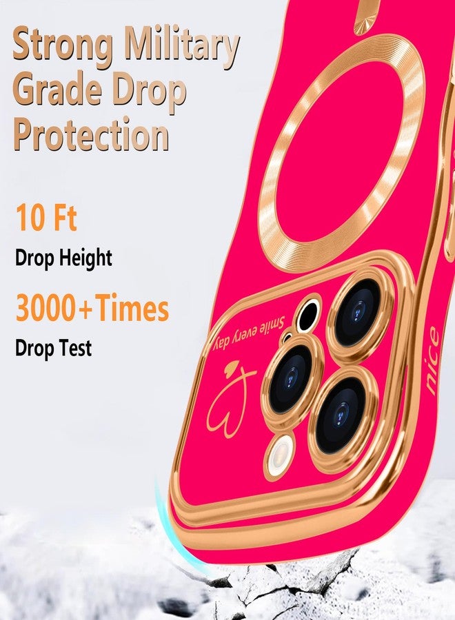 جراب LCHULLE لهاتف iPhone 16 Pro Max للنساء والفتيات [متوافق مع MagSafe]، بتصميم مموج لطيف، ونمط قلب مغناطيسي مع غطاء لعدسة الكاميرا، مطلي فاخر، مقاوم للصدمات، لون وردي فاقع. - Image 3