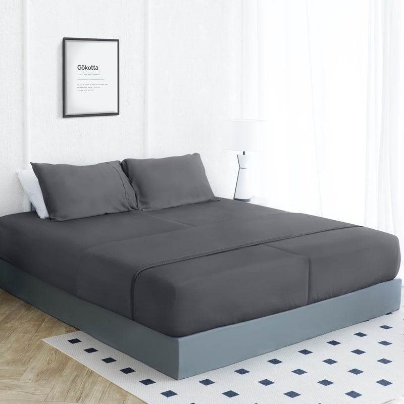 GOKOTTA Split King Size Bed Sheets 5 Piece Set  100% Rayon Derived from Bamboo  Cooling for Hot Sleepers-Breathable Soft Sheets  Deep Pocket 16"" Fitted Sheet with Elastic Corner Straps  Dark Grey - Image 2