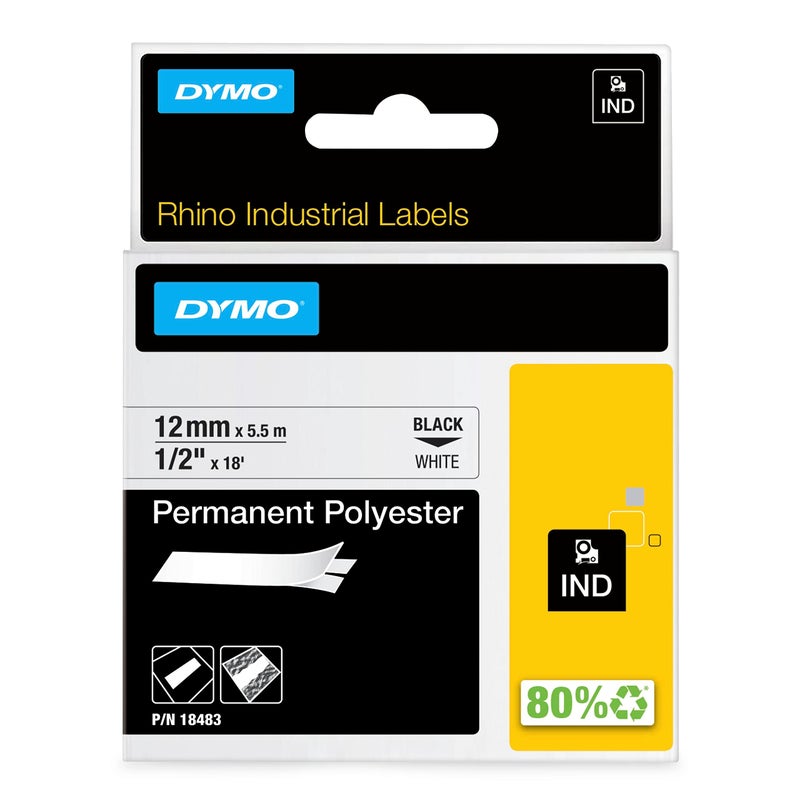 DYMO Rhino Industrial Permanent Polyester Labels 1/2" Black Print on White Tape - Image 1