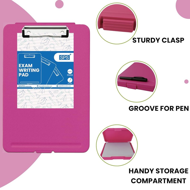 sps Exampad A4 Plastic Clipboard with Built-in Storage and Pen Holder - Ideal for School, Office, Travel - Perfect for Students and Professionals, School and Office - Pink - Image 4