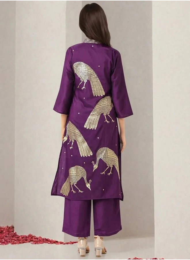 آي شين Embroidered Women Purple Polyester Kurta Set with Embroidered pattern Tunic and Palazzo features a Round neckline and Three-Fourth Sleeve secured with Elastic closure and styled in Straight Fit ideal for Festive moments — exude elegance in every glance.