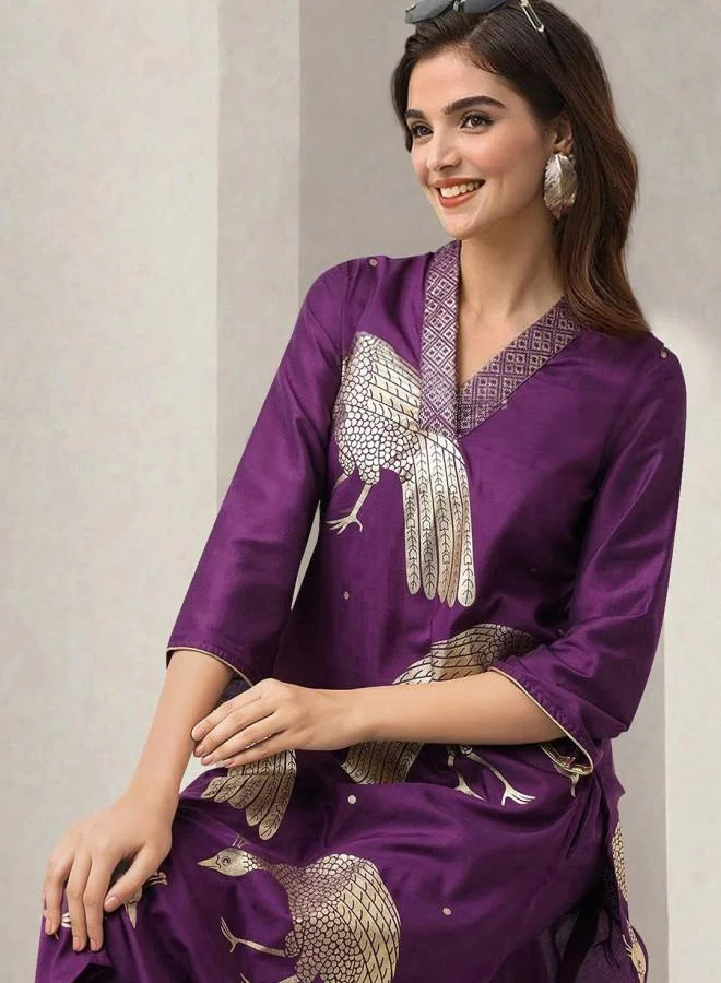 ISHIN Women's Purple 100% Polyester Embroidered Tunic Full Length Palazzo Straight Fit Kurta Set