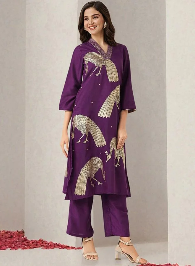 ISHIN Women's Purple 100% Polyester Embroidered Tunic Full Length Palazzo Straight Fit Kurta Set