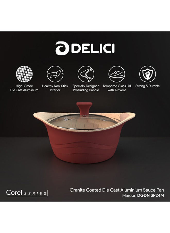 DELICI Aluminium Saucepan 24cm - Granite Coated Die Cast, Non-Stick, Oven Safe, Scratch & Abrasion Resistant Cookware with Stay Cool Bakelite Knob, Tempered Glass Lid with Air Vent, & Easy to Clean Design  - Image 2
