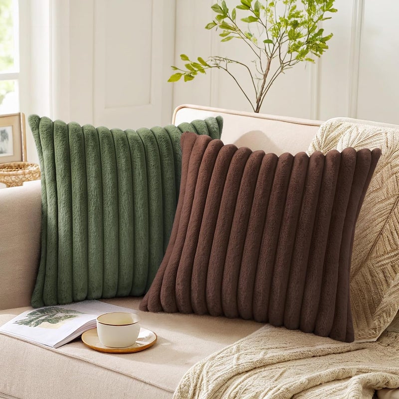 Pallene Faux Fur Plush Throw Pillow Covers 22x22 Set of 2, Luxury Soft Fluffy Striped Decorative Pillow Covers for Sofa, Couch, Living Room, Dark Brown - Image 4