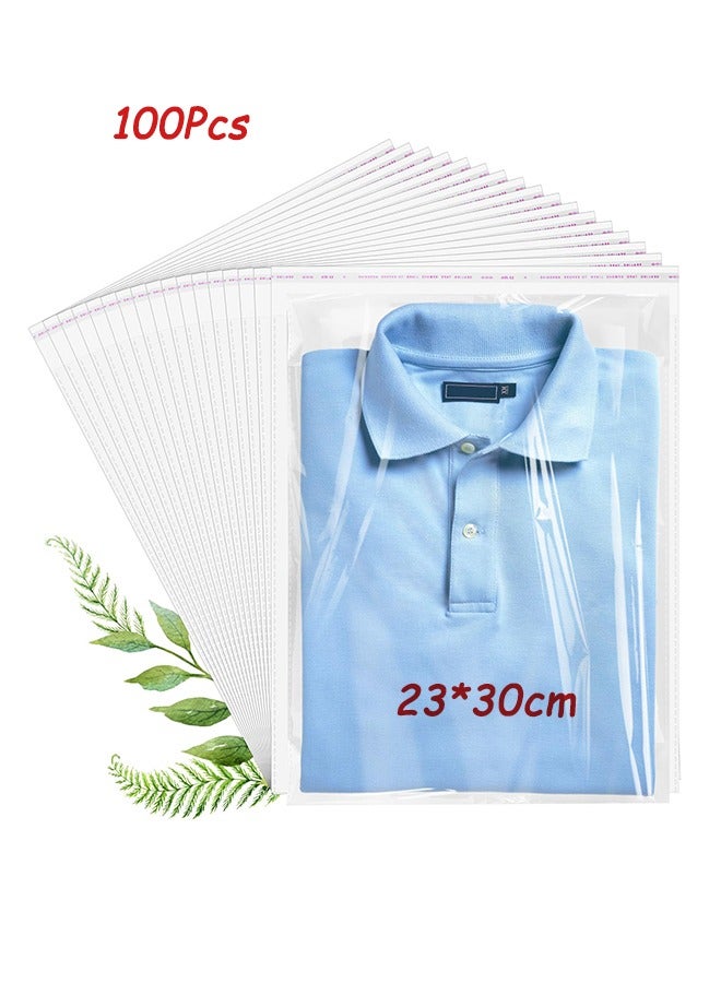 100 Clear Self-Sealing Plastic Bags - OPP Bags 23x30cm for Packaging Clothes and Shirts - Image 1
