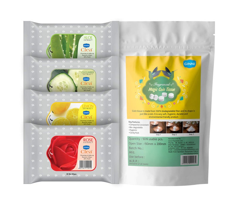 GINNI CLEA Cleansing Makeup Remover Wipes Pack Of 4 (30 wipes per pack) & 50 Coin Tissue (Clea 30 (Rose,Lemon,Aloevera,Cucumber) - Image 2