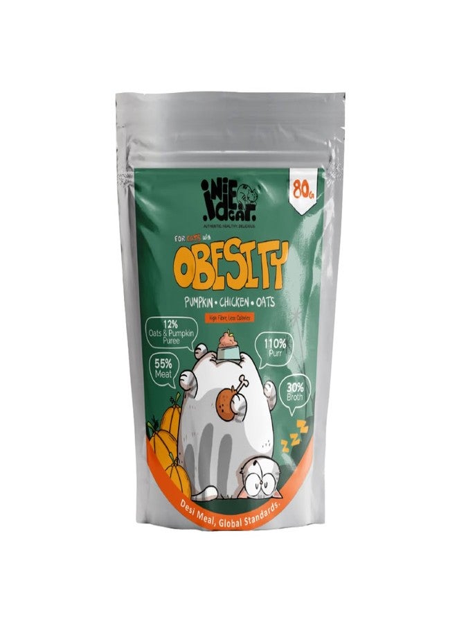 Indie Cat Adult Obesity Chicken Pumpkin Meal (80 gm), Wet Food for Cat Adult, Gluten & Grain Free Cats Minced Meal, No Artificial Flavours, Non-Vegetarian Cat Foods Pouch - Pack of 45