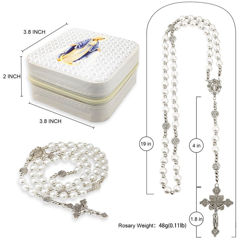 SUTANALE 8mm Pearl Rosary Necklace Catholic Jewelry - Blessed Virgin Mary Beaded Necklace for Women, First Communion Baptism Gift with Prayer Card & Storage Box - Image 3