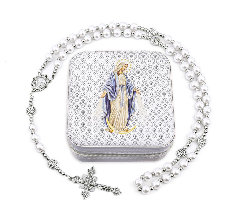 SUTANALE 8mm Pearl Rosary Necklace Catholic Jewelry - Blessed Virgin Mary Beaded Necklace for Women, First Communion Baptism Gift with Prayer Card & Storage Box - Image 1