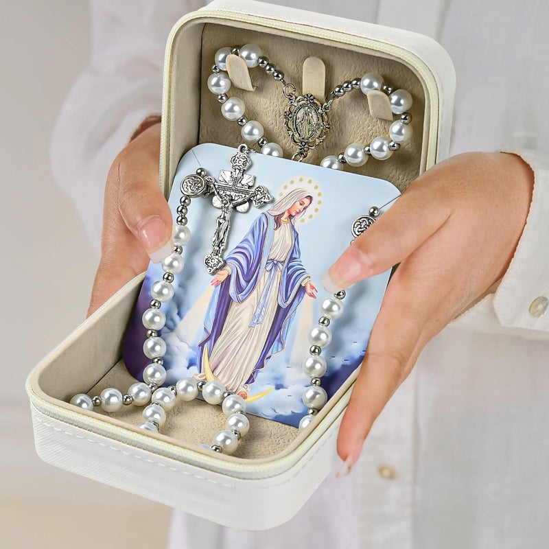 SUTANALE 8mm Pearl Rosary Necklace Catholic Jewelry - Blessed Virgin Mary Beaded Necklace for Women, First Communion Baptism Gift with Prayer Card & Storage Box - Image 4