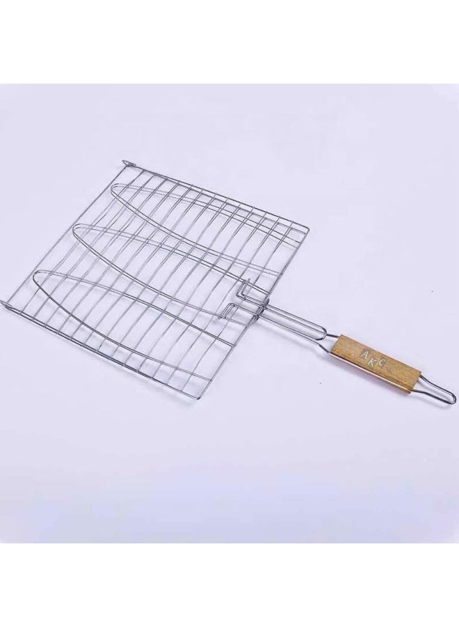 AKC Triple Fish Grill Basket – Stainless Steel BBQ Grilling Rack with Wooden Handle – Non-Stick Net for Fish, Meat, Vegetables – Outdoor Barbecue Tool - Image 2