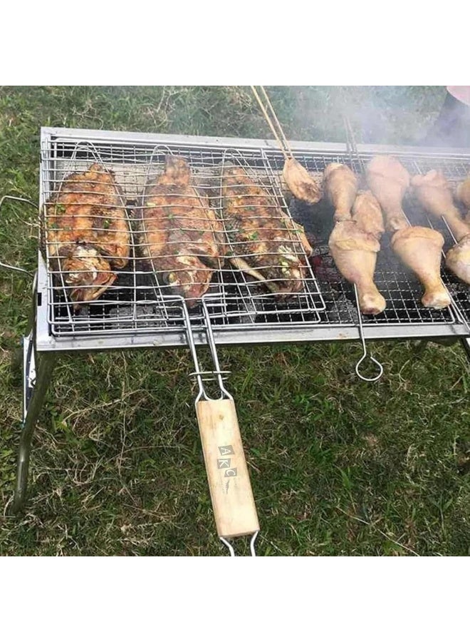 AKC Triple Fish Grill Basket – Stainless Steel BBQ Grilling Rack with Wooden Handle – Non-Stick Net for Fish, Meat, Vegetables – Outdoor Barbecue Tool - Image 5