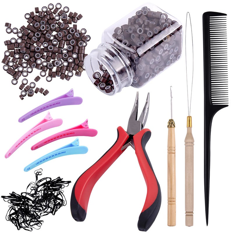 Duufin Hair Extensions Kit 500 Pcs Brown Micro Ring Beads 1 Micro Beads Plier 2 Hook Needle Pulling Loop 4 Plastic Alligator Hair Clips 1 Comb and 2 Bags Black Mini Rubber Hair Elastic - Image 1