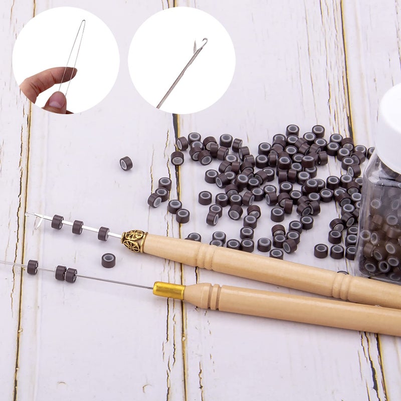 Duufin Hair Extensions Kit 500 Pcs Brown Micro Ring Beads 1 Micro Beads Plier 2 Hook Needle Pulling Loop 4 Plastic Alligator Hair Clips 1 Comb and 2 Bags Black Mini Rubber Hair Elastic - Image 4