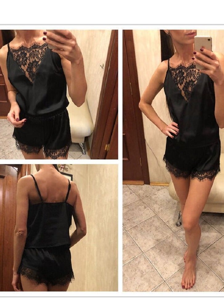 Women Lace Satin Straps Top Shirt And Short Panty Night Sleep Wear - Image 4