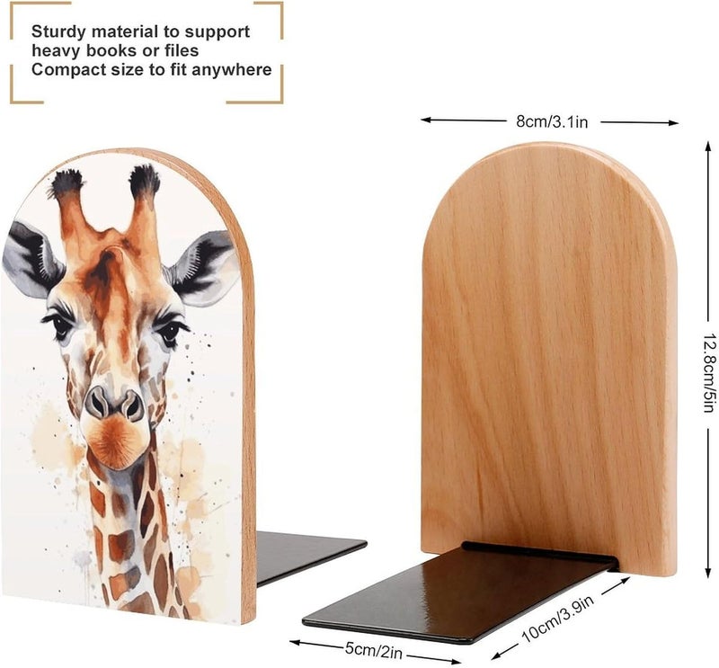 Stylish Animal Watercolor Giraffe Bookends 1 Pair Solid Natural Wooden Book Ends, Duty Cute Book Stoppers, Decorative Book Holders for Home Office Desk Shelf, Perfect for Students, Book Lovers - Image 2