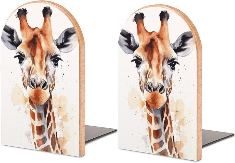 Stylish Animal Watercolor Giraffe Bookends 1 Pair Solid Natural Wooden Book Ends, Duty Cute Book Stoppers, Decorative Book Holders for Home Office Desk Shelf, Perfect for Students, Book Lovers - Image 1