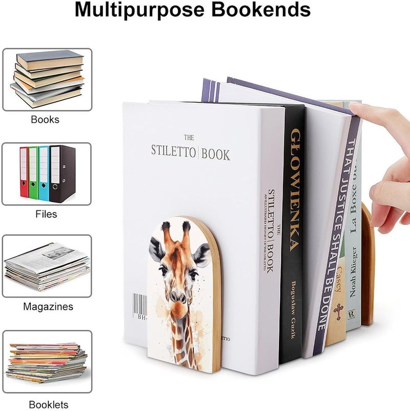 Stylish Animal Watercolor Giraffe Bookends 1 Pair Solid Natural Wooden Book Ends, Duty Cute Book Stoppers, Decorative Book Holders for Home Office Desk Shelf, Perfect for Students, Book Lovers - Image 3