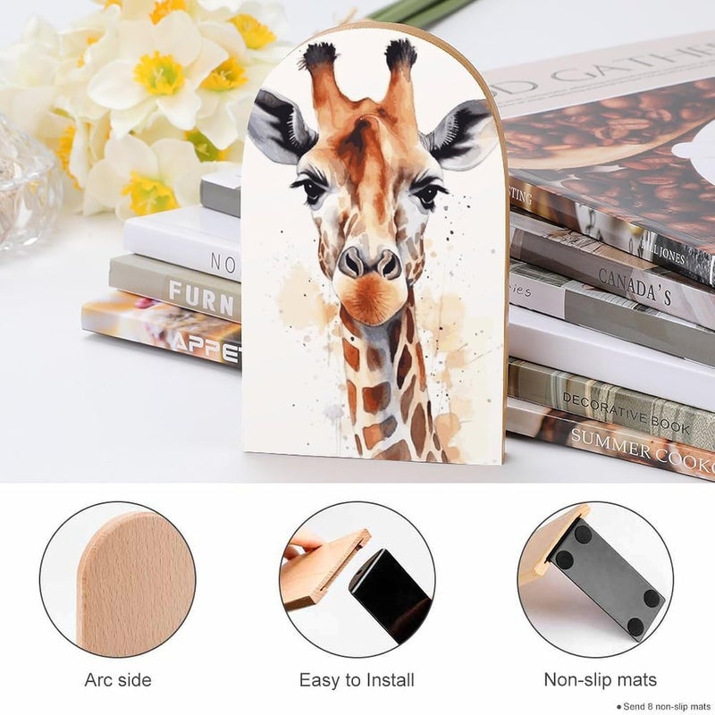 Stylish Animal Watercolor Giraffe Bookends 1 Pair Solid Natural Wooden Book Ends, Duty Cute Book Stoppers, Decorative Book Holders for Home Office Desk Shelf, Perfect for Students, Book Lovers - Image 4