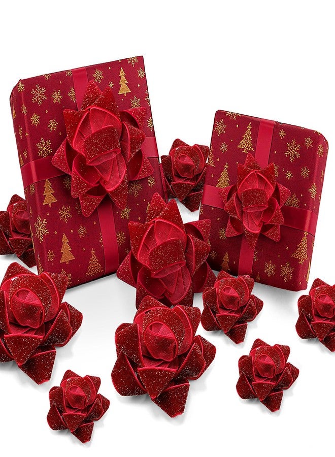 Knitgrip 18 Pcs Christmas Burgundy Red Velvet Gift Bow for Gift Wrapping 2.8 Inch and 4 Inch Christmas Self Adhesive Glitter Ribbon Bows Stick on Flocked for Xmas Present Wrapping Decor Wreaths Tree - Image 1