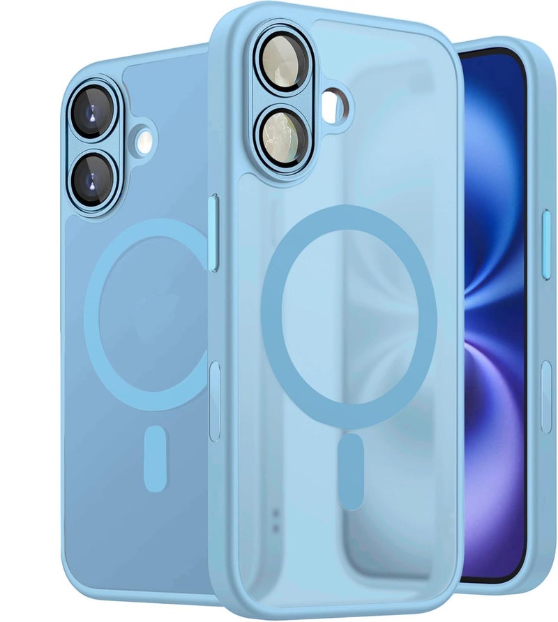 Elzzi حافظة مغناطيسية لجهاز آيفون 16 بلس، مطورة [حماية كاملة للكاميرا] [متوافقة مع ماغسيف] [غير لامعة شفافة] حافظة هاتف واقية مضادة للصدمات للرجال والنساء - أزرق ضبابي - Image 1