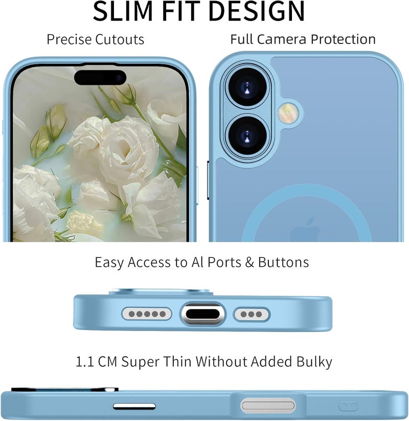 Elzzi حافظة مغناطيسية لجهاز آيفون 16 بلس، مطورة [حماية كاملة للكاميرا] [متوافقة مع ماغسيف] [غير لامعة شفافة] حافظة هاتف واقية مضادة للصدمات للرجال والنساء - أزرق ضبابي - Image 4