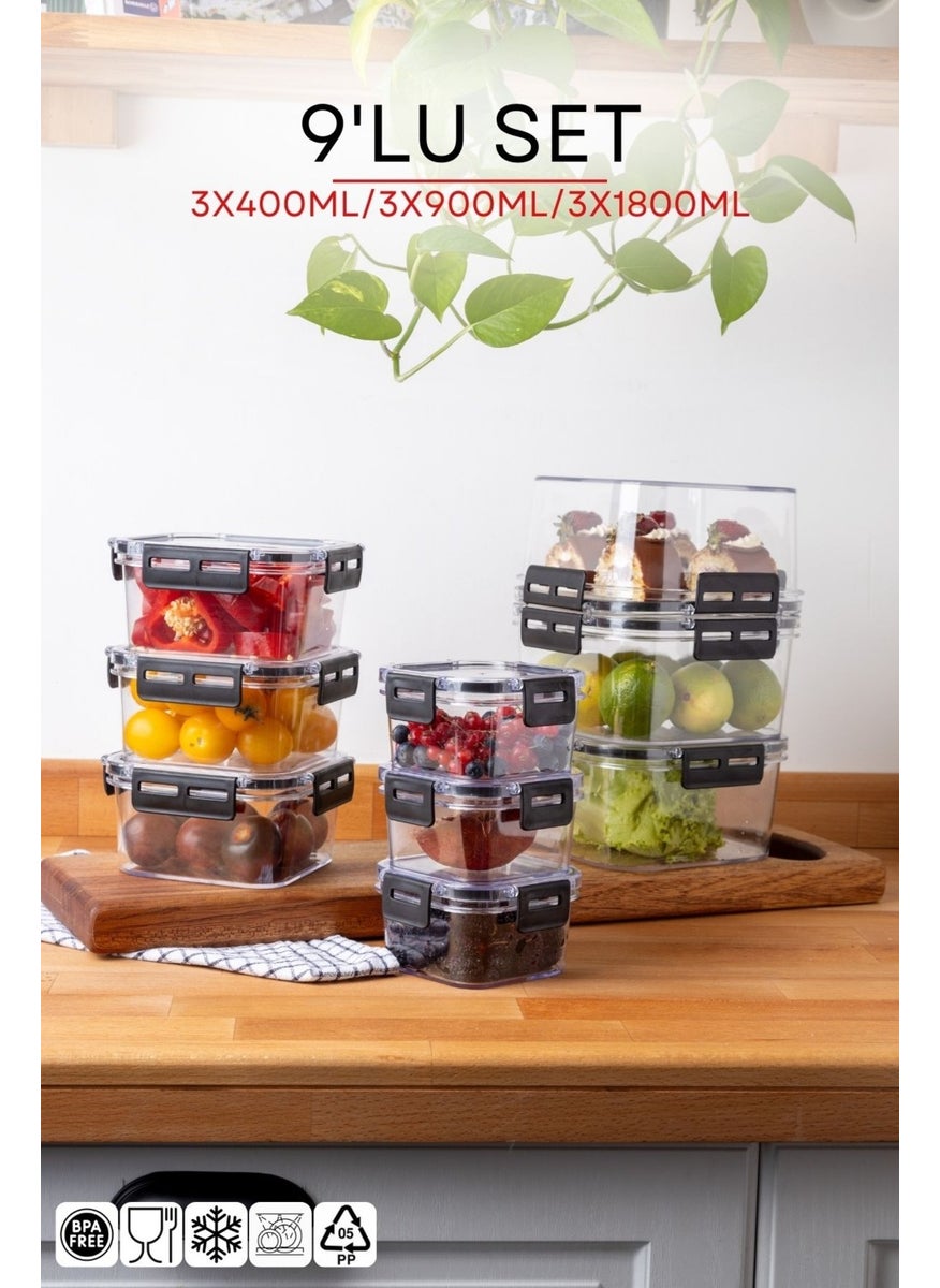 Nandy Home 9 Piece Set Lock Lid Square Clear Storage Box Set - 400-900-1800ML  - Image 1