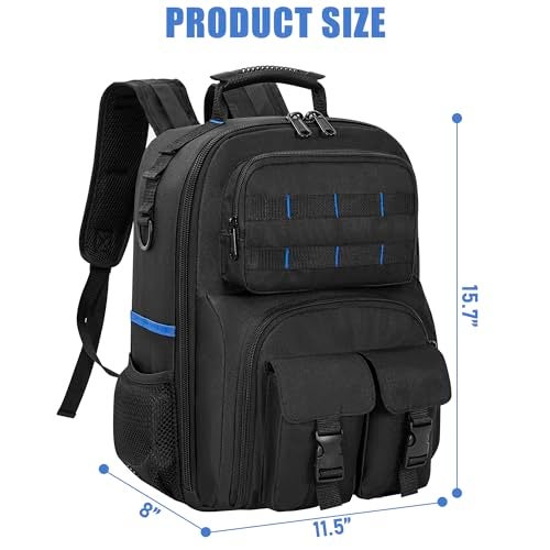 LASUK Tool Backpack, Heavy Duty Tool Bag with Padded Shoulder and Removable Tool Organizer, Water-Resistant Work Backpack, for Electrician, Plumber, HVAC, Cable Repairman, Black & Blue - Image 4