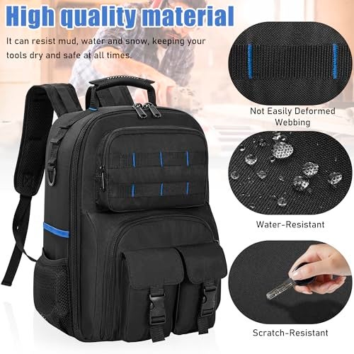 LASUK Tool Backpack, Heavy Duty Tool Bag with Padded Shoulder and Removable Tool Organizer, Water-Resistant Work Backpack, for Electrician, Plumber, HVAC, Cable Repairman, Black & Blue - Image 2