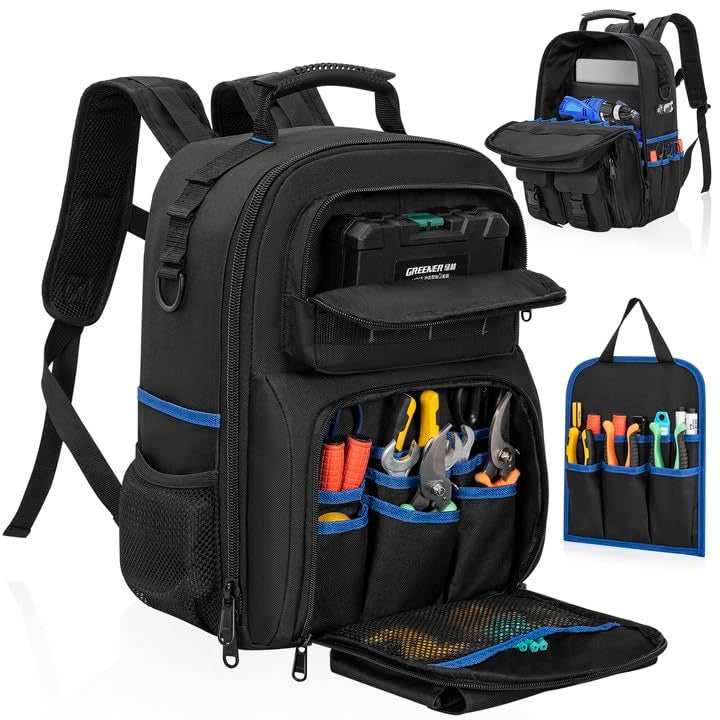 LASUK Tool Backpack, Heavy Duty Tool Bag with Padded Shoulder and Removable Tool Organizer, Water-Resistant Work Backpack, for Electrician, Plumber, HVAC, Cable Repairman, Black & Blue - Image 1