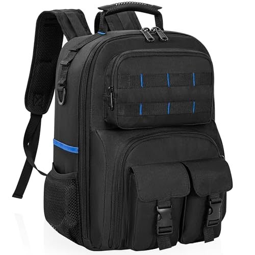 LASUK Tool Backpack, Heavy Duty Tool Bag with Padded Shoulder and Removable Tool Organizer, Water-Resistant Work Backpack, for Electrician, Plumber, HVAC, Cable Repairman, Black & Blue - Image 3