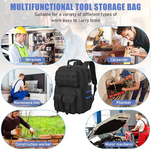 LASUK Tool Backpack, Heavy Duty Tool Bag with Padded Shoulder and Removable Tool Organizer, Water-Resistant Work Backpack, for Electrician, Plumber, HVAC, Cable Repairman, Black & Blue - Image 5