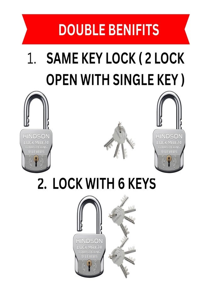 Hindson Lock Max 74 Heavy Duty Padlock Set, 74mm, Silver, 4 Locking Technology, 9 Lever Mechanism, 2 Locks with 8 Same Keys, 610g - Image 2