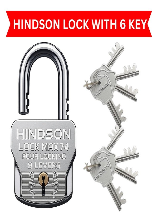 Hindson Lock Max 74 Heavy Duty Padlock Set, 74mm, Silver, 4 Locking Technology, 9 Lever Mechanism, 2 Locks with 8 Same Keys, 610g - Image 4