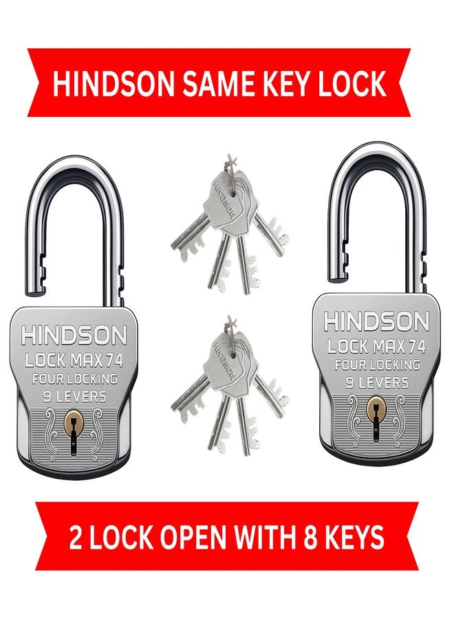 Hindson Lock Max 74 Heavy Duty Padlock Set, 74mm, Silver, 4 Locking Technology, 9 Lever Mechanism, 2 Locks with 8 Same Keys, 610g - Image 3