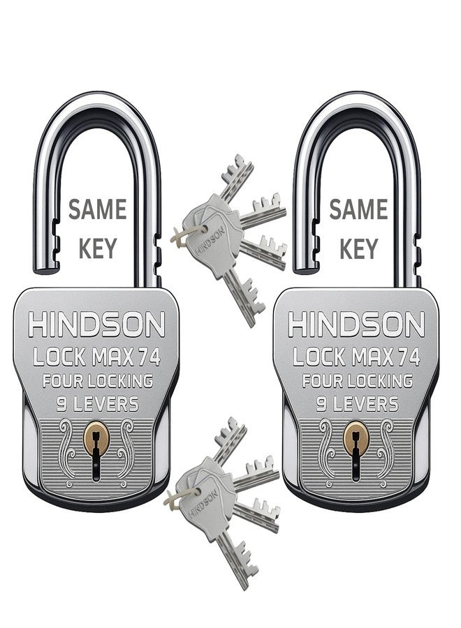 Hindson Lock Max 74 Heavy Duty Padlock Set, 74mm, Silver, 4 Locking Technology, 9 Lever Mechanism, 2 Locks with 8 Same Keys, 610g - Image 1