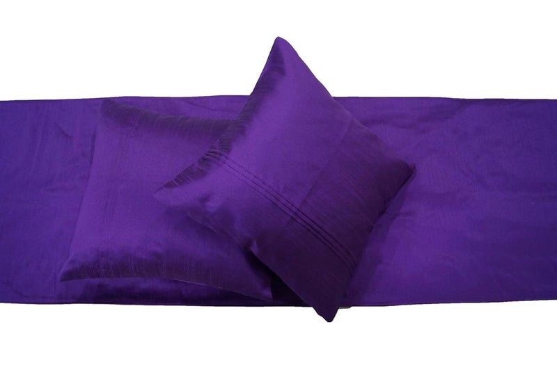 Vissage Vissage Raw Silk Double Bed Runner Set with Designer Cushion Covers Purple  - Image 3