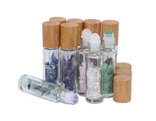 Wresty 10ml Roll On Bottle With Gemstone Rollerball&Crystal Chips Inside,10 Packs Glass Roller Bottles Essential Oil Sample Bottles(Bamboo Lids) - Image 1