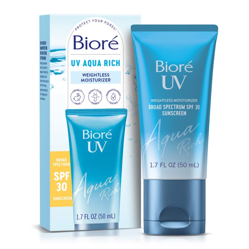 Biore بيور UV أكوا ريتش واقي شمس يومي مرطب SPF 30 PA+++ للوجه، للبشرة الحساسة، خالي من الزيوت، حمض الهيالورونيك، نباتي، خالي من الأوكسي بنزون والأوكتينوكات، مختبر من قبل أطباء الجلد، 1.7 أونصة - Image 1