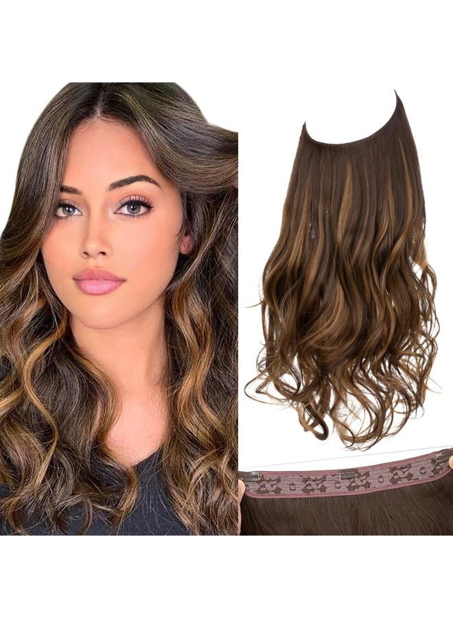 SARLA Invisible Wire Hair Extensions with 3 Clips Short Synthetic Wavy Curly Hairpiece Adjustable Transparent Headband for Women 14 Inch Dark Brown/Golden Blonde Highlights - Image 1