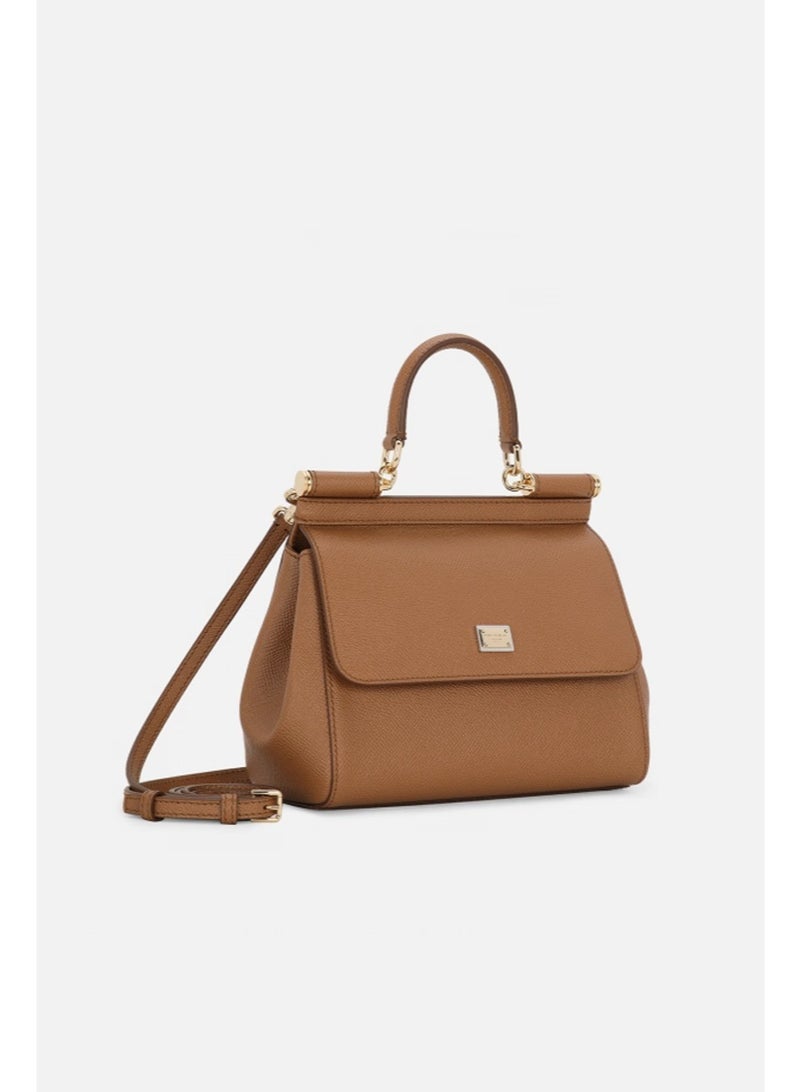 D&G Dolce&Gabbana Sicily East West Smooth Leather Top Handbag, Women's Handbag, Women's Shoulder Bag, Women's Crossbody Bag, Women's Travel Bag, Brown Plain weave - Image 2