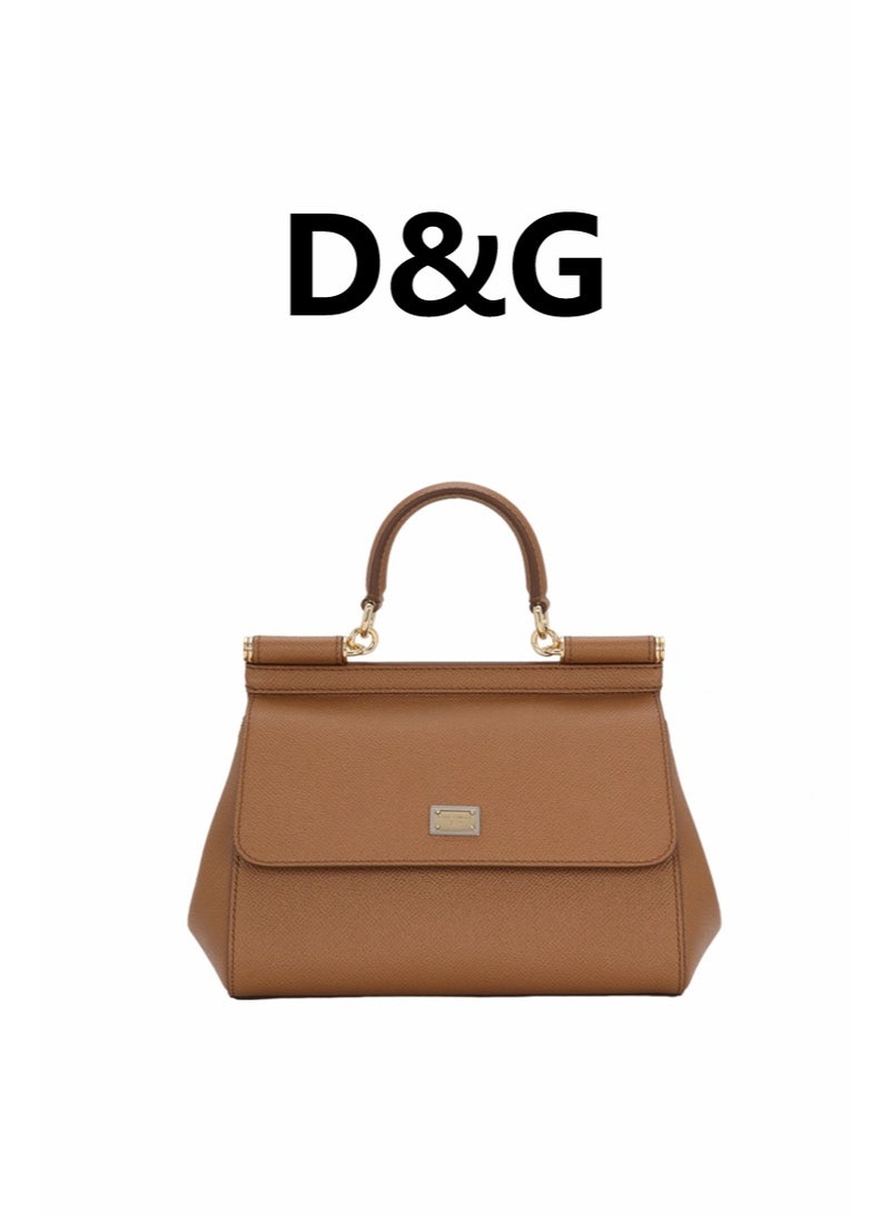 D&G Dolce&Gabbana Sicily East West Smooth Leather Top Handbag, Women's Handbag, Women's Shoulder Bag, Women's Crossbody Bag, Women's Travel Bag, Brown Plain weave - Image 1