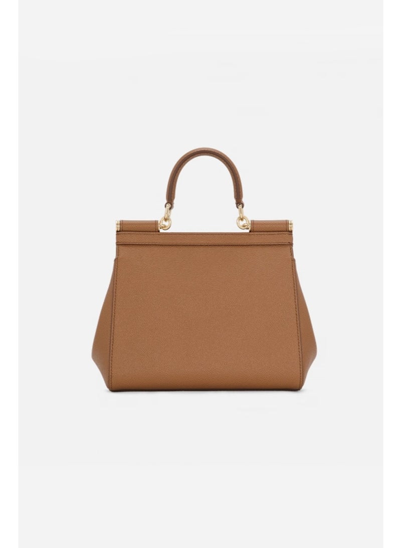 D&G Dolce&Gabbana Sicily East West Smooth Leather Top Handbag, Women's Handbag, Women's Shoulder Bag, Women's Crossbody Bag, Women's Travel Bag, Brown Plain weave - Image 5