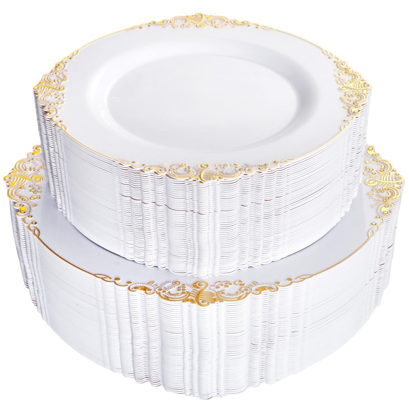 Joyido 102PCS White and Gold Plastic Plates  Gold Disposable Plates Include 51PCS 75inch Dessert Plates 51PCS 1025inch Dinner Plates Perfect for Weddings Parties