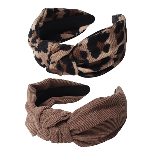 Cuizhiyu 2PK Leopard Print Knotted Headbands for Women Cute Wide Top Knot Headband Fashion Corduroy Knot Headband Leopard Hair Accessories - Image 1