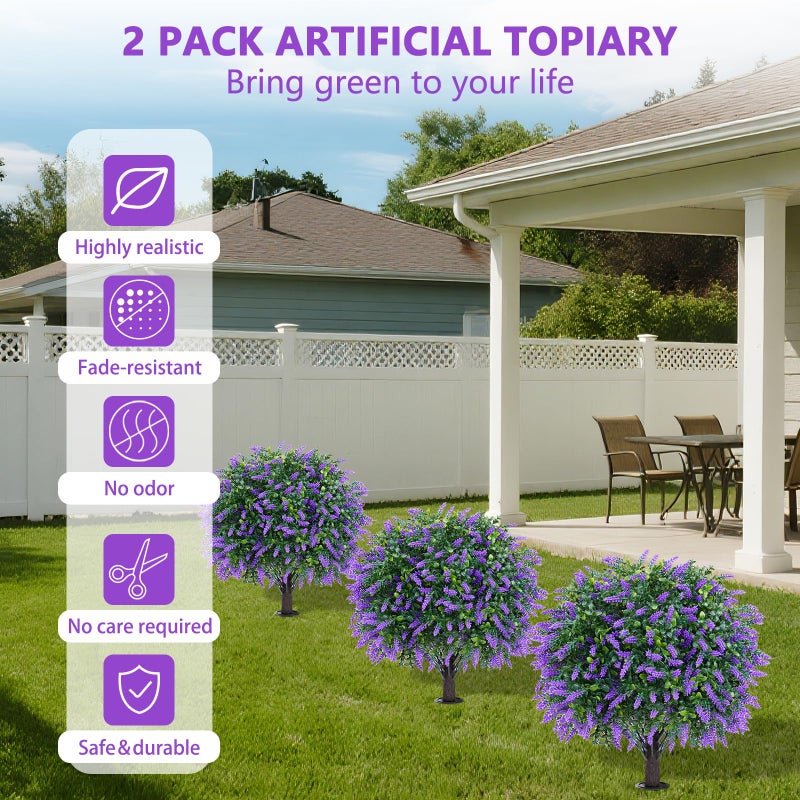 Yangrass Artificial Lavender Topiary Ball Trees with Ground Spike, Set of 2 UV Resistant Artificial Shrubs, Fake Evergreen Artificial Plant Bush for Indoor Outdoor Front Porch Garden - Image 3
