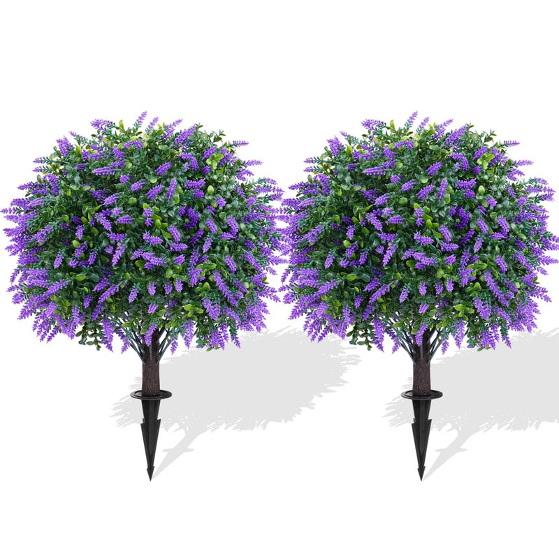 Yangrass Artificial Lavender Topiary Ball Trees with Ground Spike, Set of 2 UV Resistant Artificial Shrubs, Fake Evergreen Artificial Plant Bush for Indoor Outdoor Front Porch Garden - Image 1