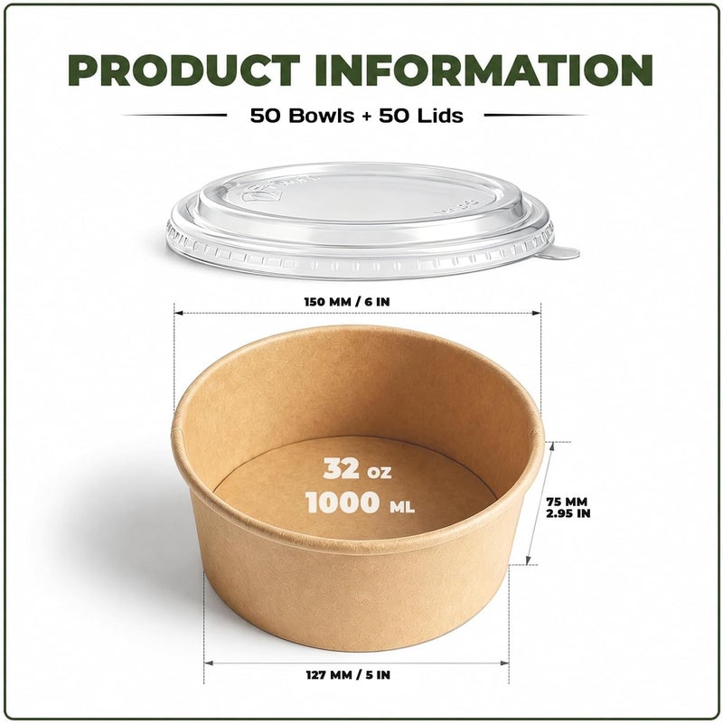 TOPtoper 50 Pcs 32 Oz Large Paper Bowls with Lids, Disposable Soup Serving Bowls Bulk Party Supplies for Hot/Cold Food, Soup (32 OZ) - Image 2